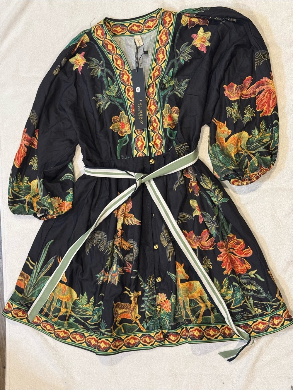 Lai Meng Five Cats NWT XS Black Floral & Wildlife Belted Mini Dress